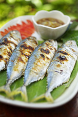 close up fish grilled in white dish