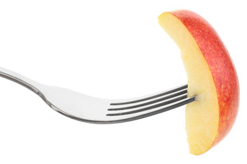 Single slice of red apple on a fork.