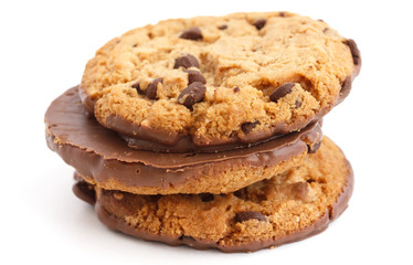 Chocolate chip cookies with half coated in chocolate.