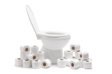 Many toilet paper rolls around a toilet bowl