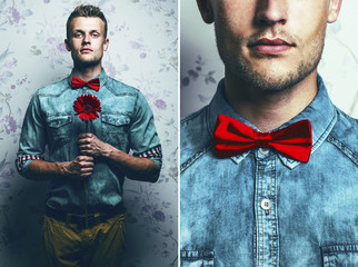 Arty fashion collage of a hipster young and handsome man in blue