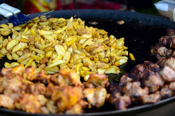 Grill chicken, pork and potato