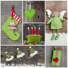 Weihnachtsdekoration in Grün und Rot auf Holz als Karte