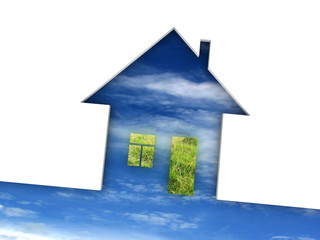 Eco house metaphor. House with grass and sky.