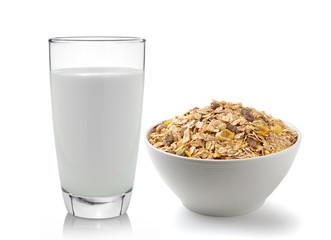 fresh milk in the glass and muesli breakfast placed on white bac