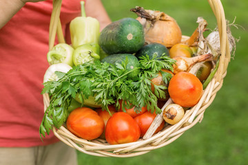 Senior woman holding a basket with genuine organic vegetables
