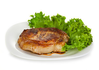 meat steak with lettuce isolated on white background