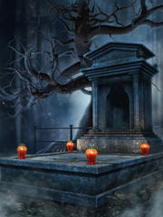 Stary grobowiec z czerwonymi lampionami