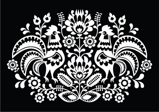 Polish folk art pattern roosters - Wzory Lowickie, Wycinanka