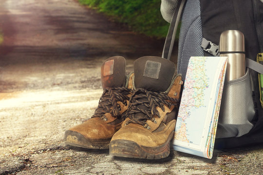Hiking items,at the outdoor environment.