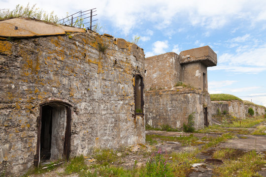 Old concrete bunker from WWII period on Totleben island in Russi
