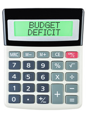 Calculator with BUDGET DEFICIT on display isolated on white