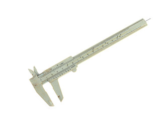 Close up photo of an old micrometer on a white background.