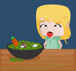 Little girl with a table full of vegetables