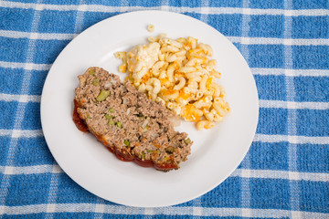 Meatloaf with Mac and Cheese on Blue Towel