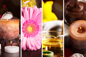 SPA collage: still life with herbal oil, candles and flowers