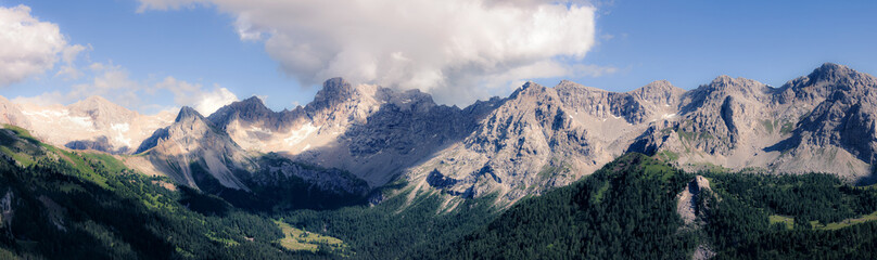 Panoramic view of Marmolada mountains ridge at sunny day