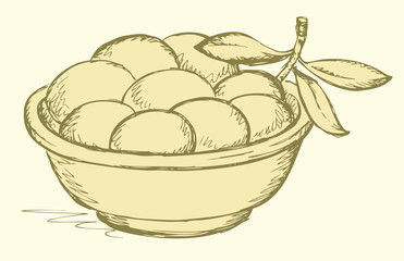 Vector drawing. Full bowl of ripe olives