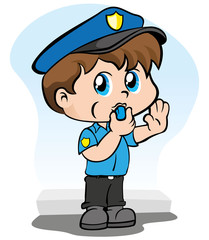 Child with police uniform and whistle to stop asking