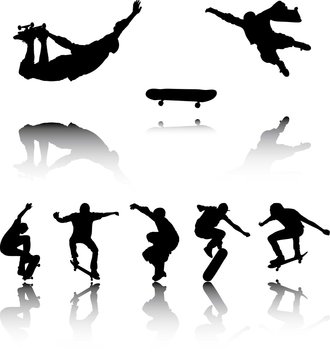 Illustration of Silhouettes of Skateboarders with reflection