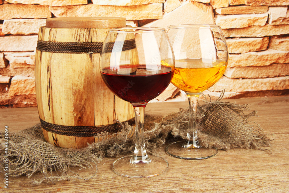 Wall mural composition of wine and wooden barrel