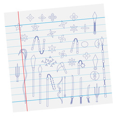 Illustration of ninja weapon on paper, cartoon vector