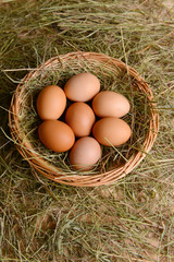 Eggs in wicker basket on table close-up