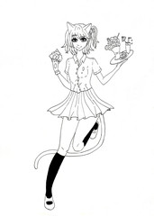 A black and white drawing of a cat style girl waitress
