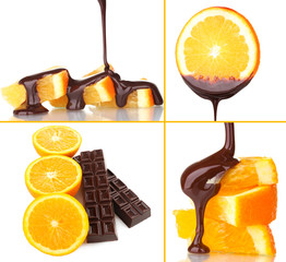 Tasty dessert collage - orange slices with chocolate isolated