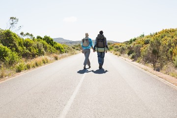 Obraz premium Attractive couple walking on the road holding hands