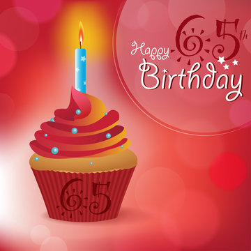 Happy 65th Birthday Message -Bokeh Vector -cupcake & Candle