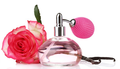 Perfume bottle with rose isolated on white