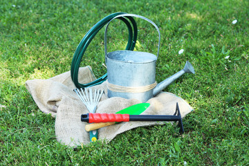 Garden tools on green grass background