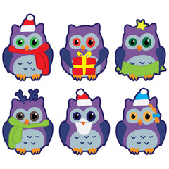 owls in winter hats colored vector