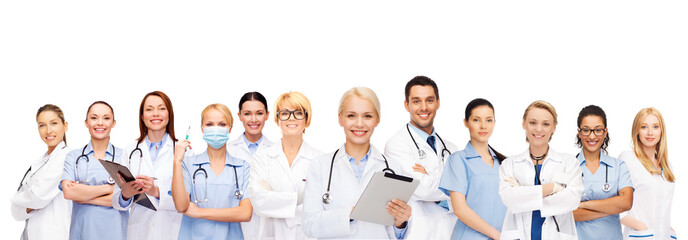 smiling doctors and nurses with tablet pc