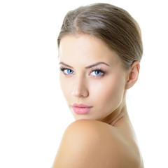 Portrait of attractive young woman over whit