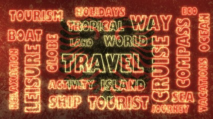 travel neon tags cloud on albania national flag