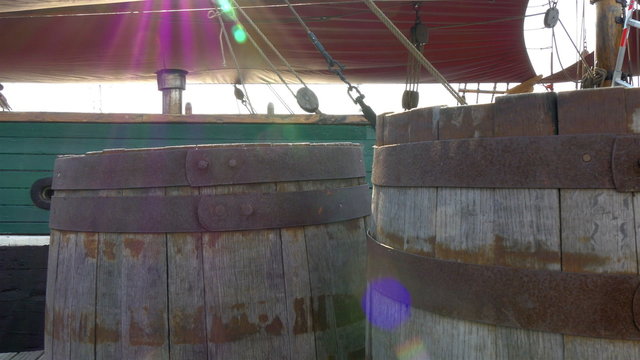 Two old barrels inside the galleon ship GH4 4K UHD