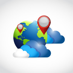 globe clouds and locator pointers illustration