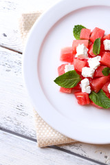Salad with watermelon, feta and mint leaves