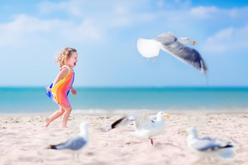 Little girl playing with seagulls