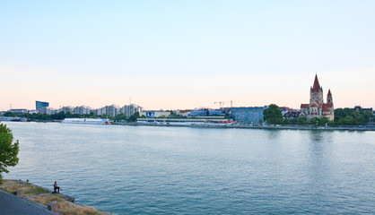The Danube River. Church of St. Francis of Assisi. Vienna. Austr