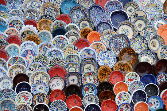 multicolor sovenir earthenware in market, Sidi Bou Said, Tunisia