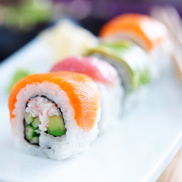 japanese sushi with stuna, salmon, avocado and shrimp