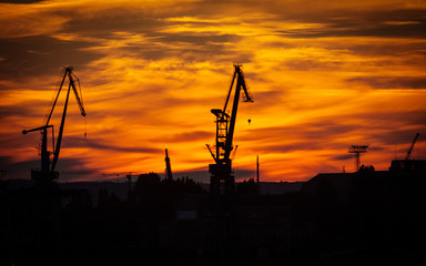 Big shipyard crane at sunset in Gdansk, Poland.