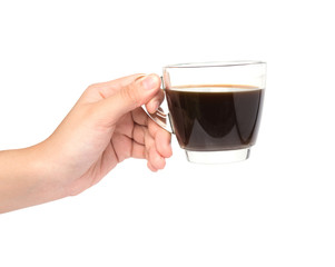 female hand holding cup of coffe isolated on white