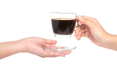 female hand hold cup of coffee isolated on white background