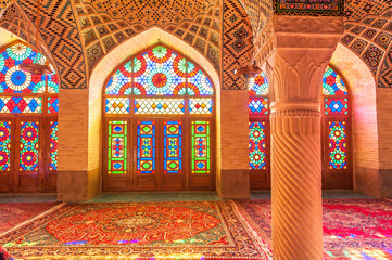 Fototapeta na wymiar Interior view of Nasir Al-Mulk Mosque in Shiraz, Iran
