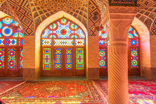 Interior view of Nasir Al-Mulk Mosque in Shiraz, Iran