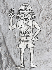 People cartoon   on Cement wall texture background